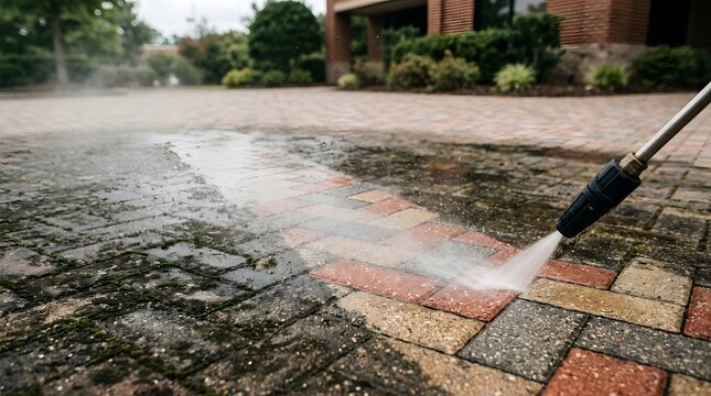 Pressure washing outdoor patio, cleaning dirty paved brick driveway, water stream removing grime from pavement surface.