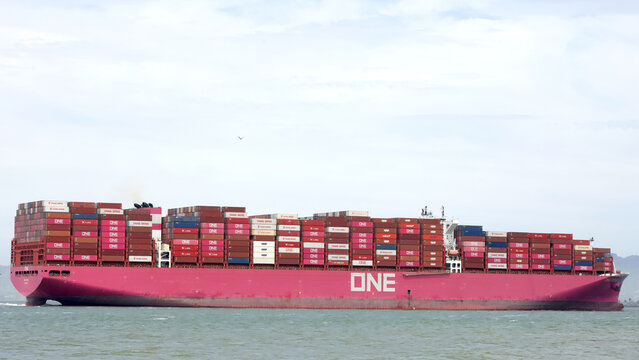 San Francisco, CA - July 12, 2026: Ocean Network Express cargo ship ONE FOCUS in the San Francisco Bay. O.N.E. is a joint venture between Nippon Yusen Kaisha , Mitsui O.S.K. Lines and K Line.