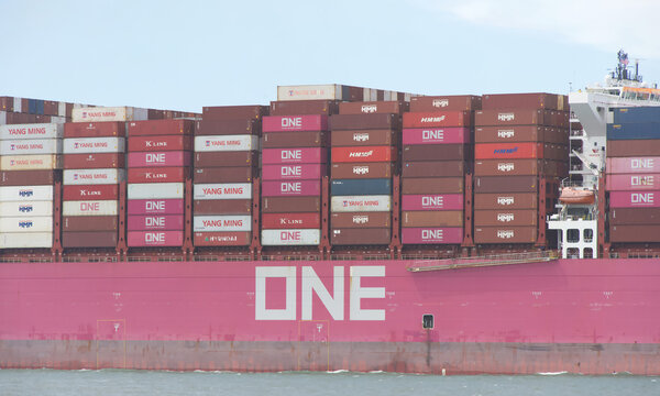 San Francisco, CA - July 12, 2026: Ocean Network Express cargo ship ONE FOCUS in the San Francisco Bay. O.N.E. is a joint venture between Nippon Yusen Kaisha , Mitsui O.S.K. Lines and K Line.