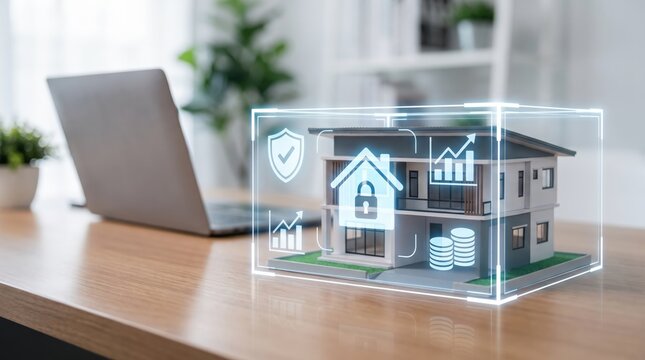 Home Insurance Protection Concept with Holographic Shield Interface, Property Coverage, Mortgage Safety and Financial Risk Management Dashboard for Residential Asset Security Visualization