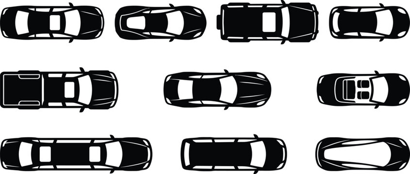 Minivan silhouette on a white background. Car pictogram shown from different angles - side, front, rear, top view.