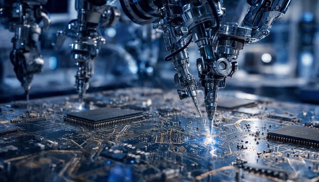 Futuristic nanorobotics engaged in precision microfabrication on a silicon circuit board, engineering delicate nanoscale components with high efficiency and microscopic technological accuracy
