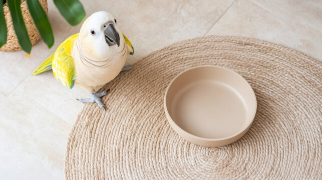 Parrot beside an empty beige food bowl on a woven mat, bird looking curious
