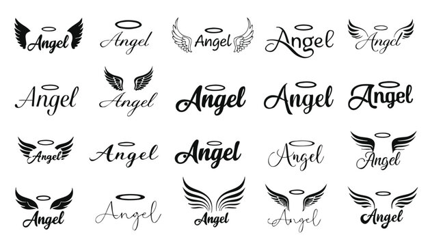 Handwritten angel word typography design with wings and halo elements in various creative script styles