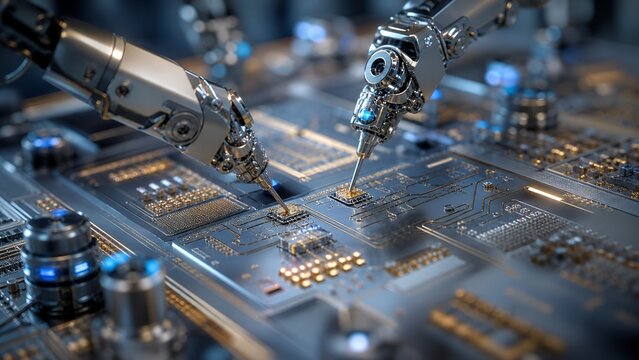 Advanced nanobots performing precision microfabrication on a complex electronic circuit board, constructing intricate nanoscale circuits with incredible atomic accuracy for future technology
