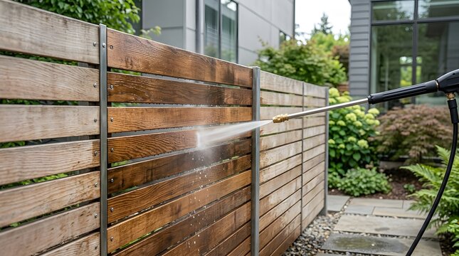 Professional power washing of wooden privacy fence reveals clean timber surface under dirty layer during backyard maintenance project in summer day.