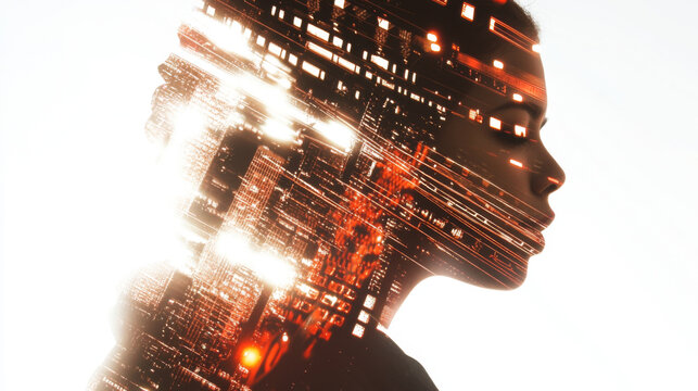 Double exposure of young Latina filmmaker with urban cityscape background