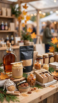 A variety of organic natural handmade maple products including syrup bottles, candies, and sugar displayed beautifully at a cozy autumn community market stall.