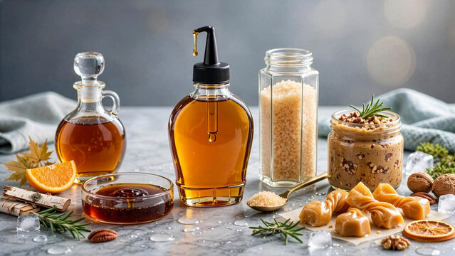 Assortment of organic maple products featuring golden syrup in glass dispenser bottles, sweet maple candies, granulated sugar, and gourmet maple butter spread.
