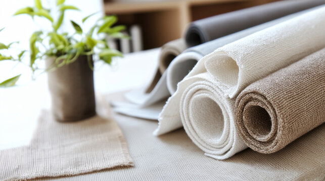 Rolls of linen fabric in various neutral tones arranged on table, background