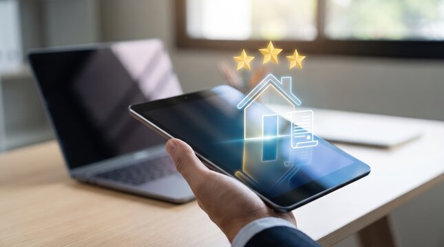 Holographic Virtual House Icon on Tablet with Rating Stars and Digital Documents, Smart Real Estate Technology, Property Evaluation, Real Estate Services, Modern Business Innovation