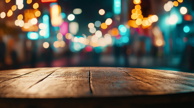 Wooden table top with blurred city lights in background for Mexican fiesta
