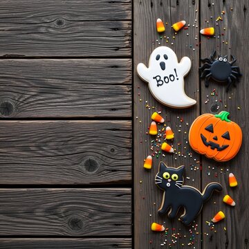 Halloween themed sugar cookies shaped like a ghost pumpkin cat and spider with candy corn on dark wooden background flatlay Happy Halloween