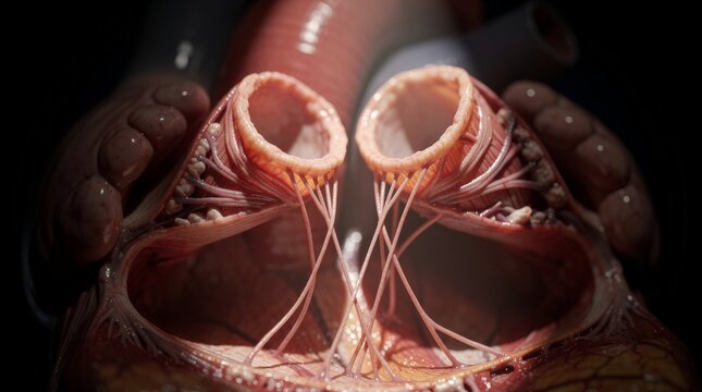 Close up of healthy heart valves with visible tendons