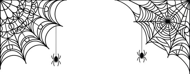 Spiderwebs and spiders black and white vector illustration on white background © Nila