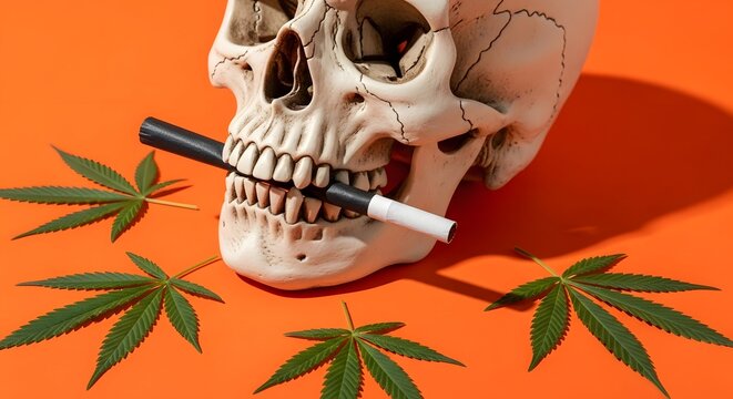 Human skull with cigarette in mouth surrounded by marijuana leaves on bright orange background for edgy Halloween concept Happy Halloween