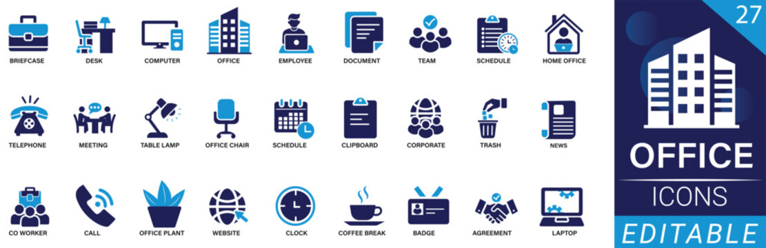 Office solid icon set including desk, computer, documents, meeting, printer, phone, and business supplies. Professional, editable vector illustration, stock.
