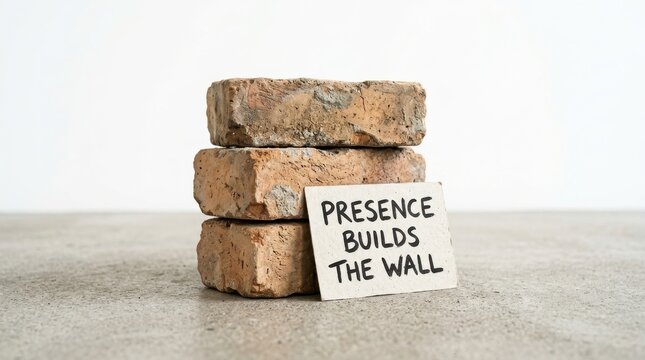 Stack of bricks with a note reading Presence Builds The Wall