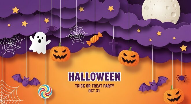 Paper craft style illustration for halloween trick or treat party featuring pumpkins ghosts and bats with full moon Happy Halloween