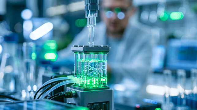 Close-up of a solid oxide electrolysis cell producing green hydrogen from water, clean fuel production technology, defocused lab in background, green hydrogen electrolysis concept