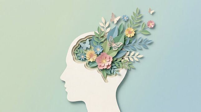 Creative concept showing human profile silhouette with paper cut flora representing a flourishing and healthy mind, wellness
