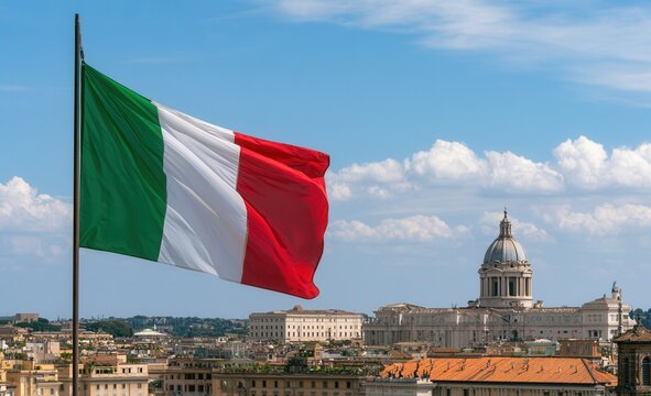 Italian flag waves over the cityscape of Rome with historical buildings and blue sky in the background