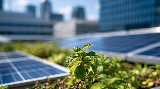 Close-up of a building's green rooftop garden with solar panels visible in the background, urban sustainability detail, defocused rooftop and skyline in background, rooftop garden