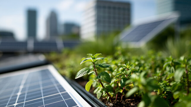 Close-up of a building's green rooftop garden with solar panels visible in the background, urban sustainability detail, defocused rooftop and skyline in background, rooftop garden