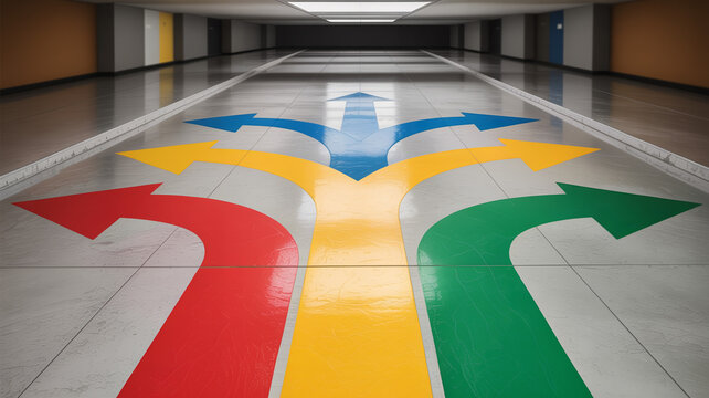 Colorful floor arrows directing to different departments in modern building