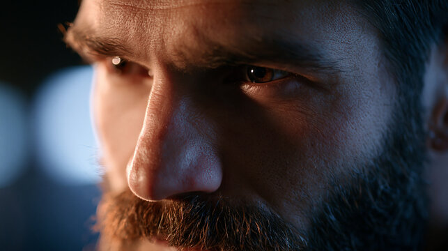 Close-up portrait of a bearded man with intense expressive eyes, dramatic side lighting emphasizing facial texture and character, defocused dark studio background, bearded man