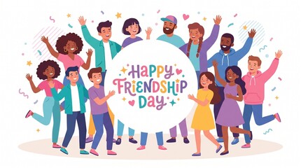 Fototapeta premium Diverse group of young people celebrating friendship day with sign with adults holding friendship multicultural relationship illustration with celebration
