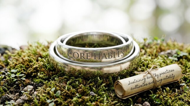 Metal rings inscribed with CORE HABITS resting on moss