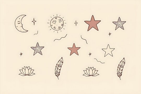 Boho Crescent Moon Clipart Set with Stars, Lotuses and Feathers Illustration