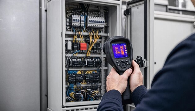 Engineer using a thermal imaging camera to inspect electrical panel components in a distribution cabinet
