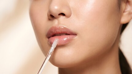 Naklejka premium Close Up Woman Applying Shiny Lip Gloss With Applicator Beauty Makeup
