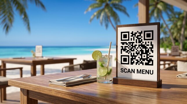 QR code scan menu displayed on a table at a beachfront restaurant. Contactless digital ordering, mobile menu, seaside dining, hospitality, vacation and travel technology concept