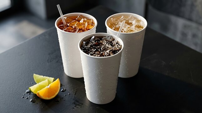 Three paper cups filled with refreshing cold iced soda drinks and fresh lime slices on black table. fountain soda cup
