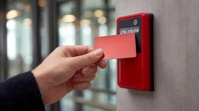Hand holding a red card near a card reader in a modern building