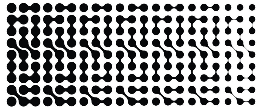 Black and white geometric pattern of interconnected circles and rounded links arranged in a repeating grid structure on a white background