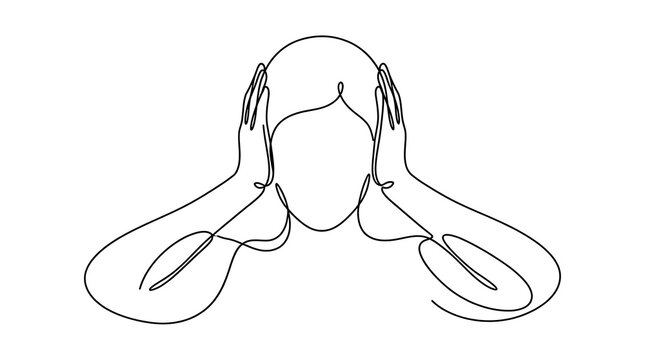 Minimalist continuous line art drawing of a person covering their ears with hands listening minimalist illustration