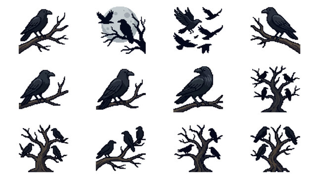 Black raven silhouette icons set with dark crows sitting on bare tree branches for halloween