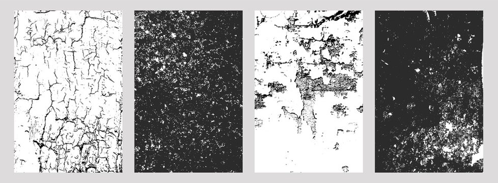 Set of four black-and-white distressed textures cracked earth, speckled concrete, weathered plaster, and mottled stone, perfect for grunge design