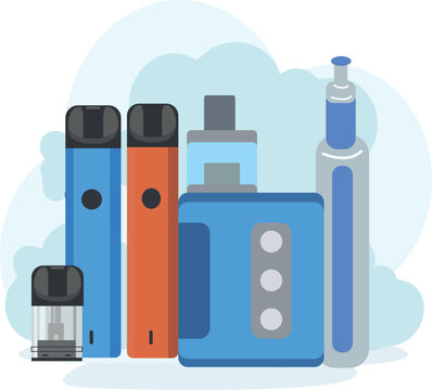Collection of blue electronic vape pods and vaping devices with refillable tanks.