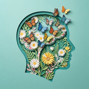 Detailed paper art illustration of human head profile filled with diverse wildflowers and flying butterflies
