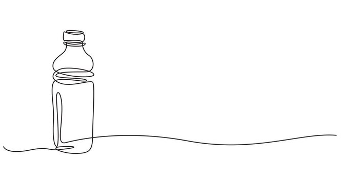 Animated self drawing of single continuous line draw stylized soft drink on glass bottle, Animate of abstract bioplastic structure with water bottle line art