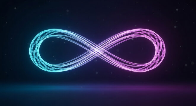 Neon glowing infinity sign made of intertwined light threads in blue and purple colors on dark background
