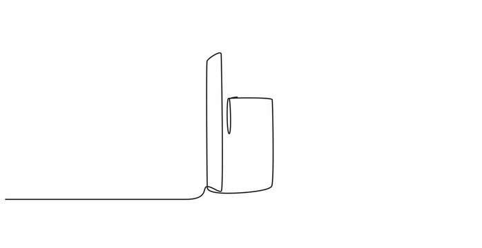 Animated self drawing of single continuous line draw luxury refrigerator household utensil. Electronic home appliance concept. Full length one line animation illustration. pro