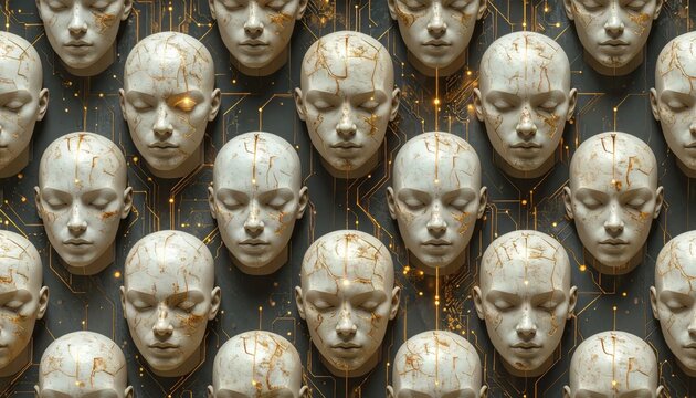 Monochrome Row of Featureless Sculpture Heads in Repetition.