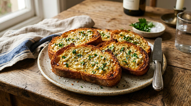 Toasted sourdough bread slices with garlic herb butter and fresh parsley on ceramic plate over rustic wooden background with knife and napkin side view of gourmet mediterranean appetizer snack meal.
