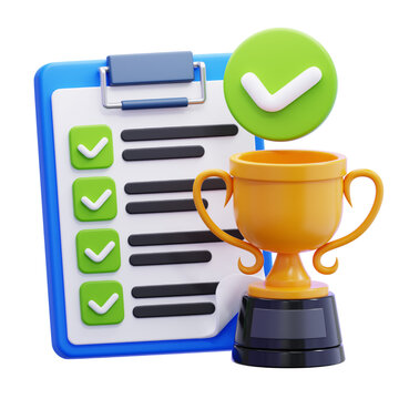 3D Illustration of a Completed Checklist and Golden Trophy Representing Goal Achievement and Project Success
